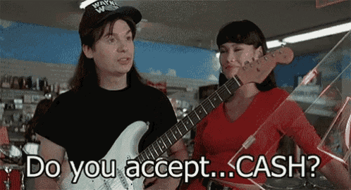 a man is holding a guitar next to a woman who is holding a guitar and asking if they accept cash .
