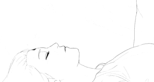 it is a black and white drawing of a man and a woman kissing .