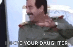 a man in a military uniform is saying `` i have your daughter '' while standing in front of a window .