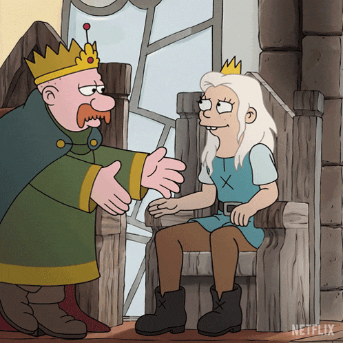 a cartoon of a man with a crown talking to a woman sitting on a throne