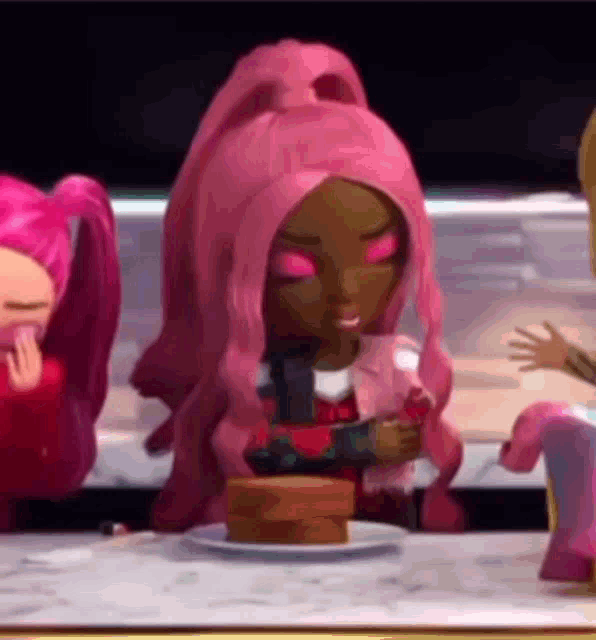 a doll with pink hair is sitting at a table with a plate of food and a sandwich .
