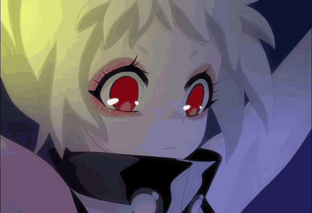 a girl with white hair and red eyes is looking at the camera
