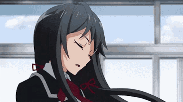 a girl with long black hair and a red tie is sitting in front of a window with her eyes closed .