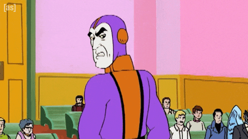 a cartoon of a man in a purple suit stands in front of a group of people with the letters as visible