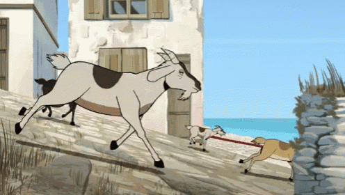 a cartoon of three goats running down a staircase
