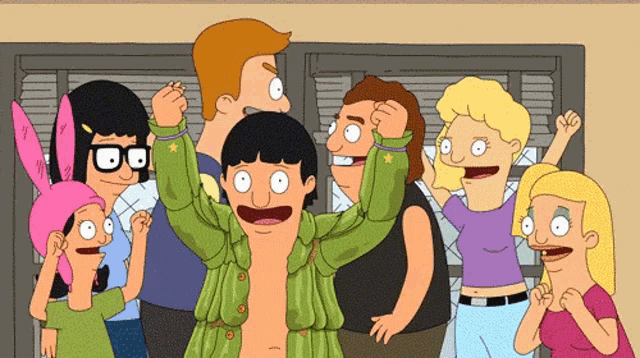 a group of bob 's burgers characters are standing in a line