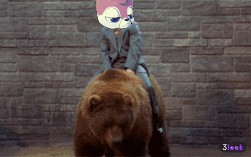 a man in a suit is riding on the back of a bear with a 3look logo behind him