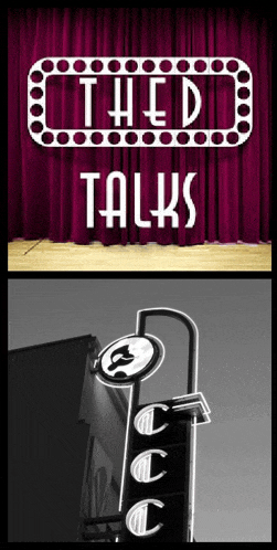 a sign that says thed talks next to a red curtain