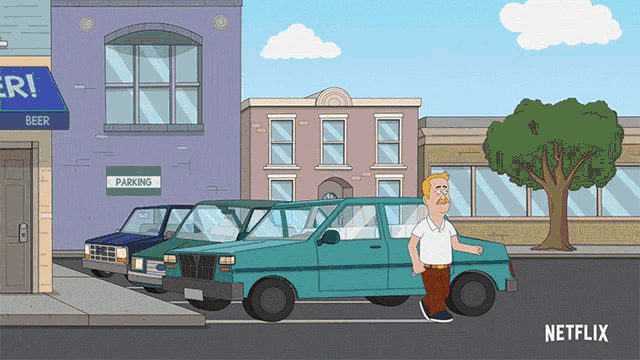 a cartoon of a man standing in front of a parking lot