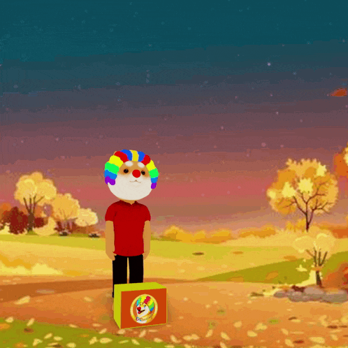 a cartoon character wearing a clown mask is holding a box