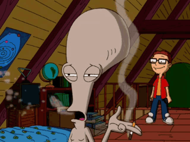 a cartoon character smoking a cigarette while a boy stands behind him