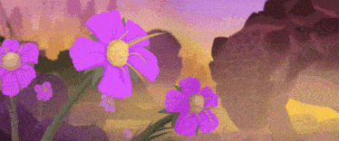 purple flowers with a yellow center in a painting