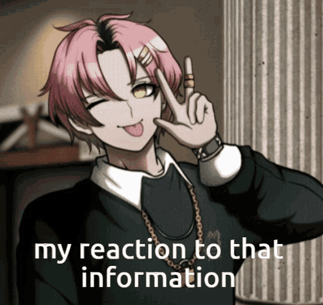 a girl with pink hair is making a peace sign with her tongue out and the caption says my reaction to that information