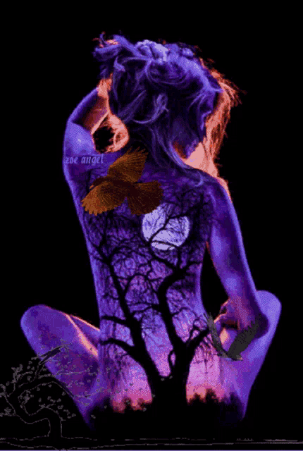 a painting of a woman with a butterfly on her back and the words zoe angel on the bottom