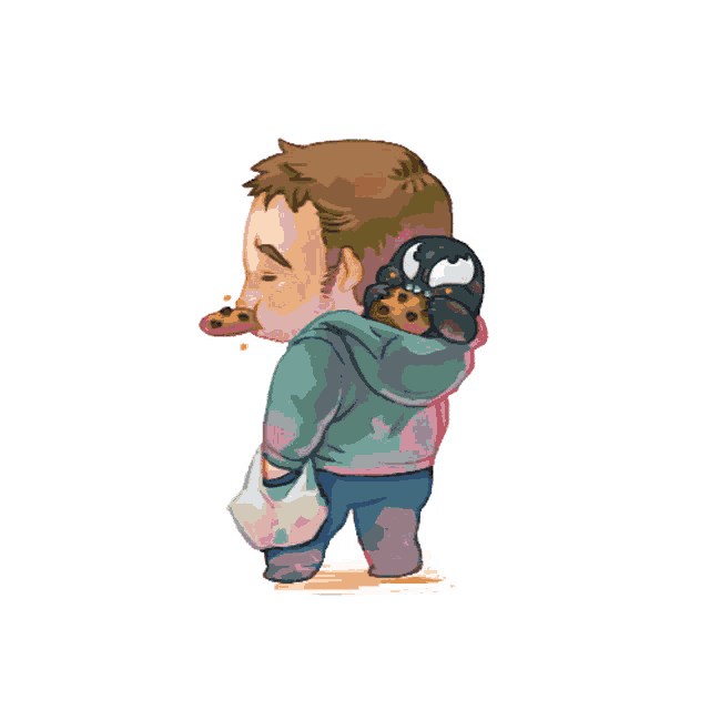 a cartoon drawing of a man with a spider on his back eating cookies