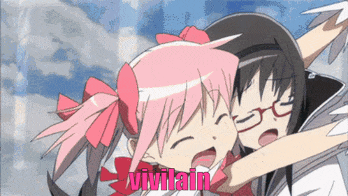 two anime girls are hugging each other and the word vivilain is on the bottom right