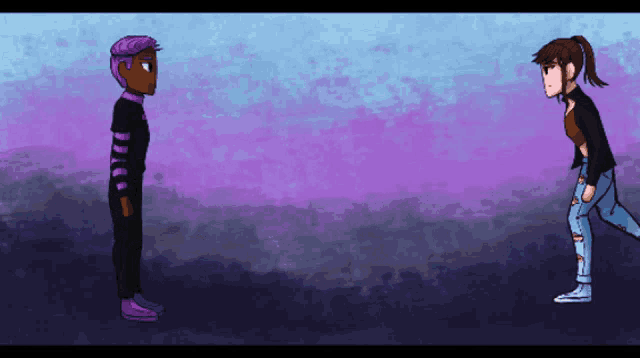 a man with purple hair and a girl with brown hair are standing next to each other
