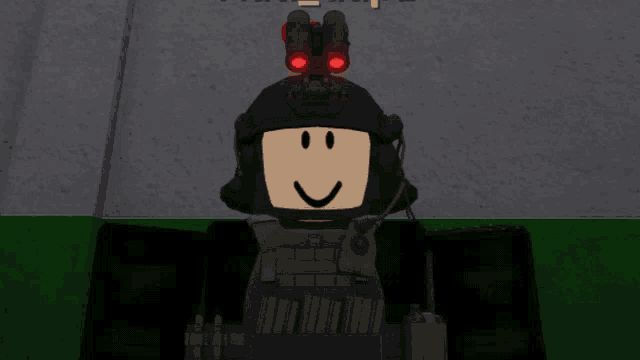 a cartoon character wearing a helmet with red eyes