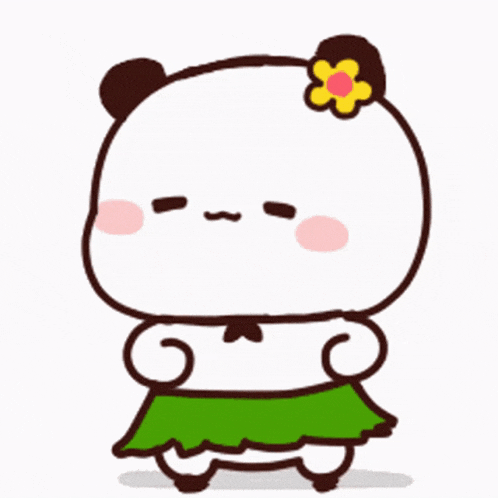 a cartoon panda bear is wearing a green skirt and a flower in its hair .