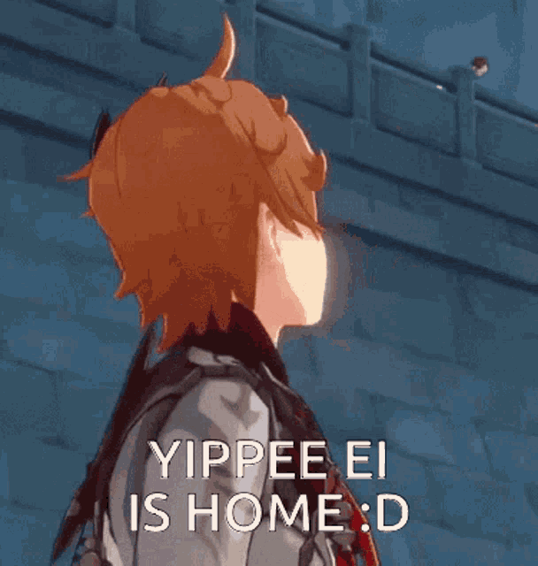 a picture of a boy with the words yippee ei is home : d