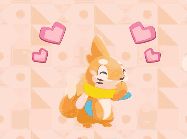 a cartoon drawing of a squirrel with two pink hearts behind him