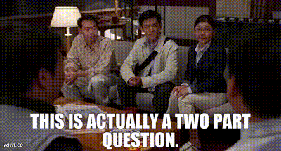 a group of people are sitting on a couch and the caption says this is actually a two part question