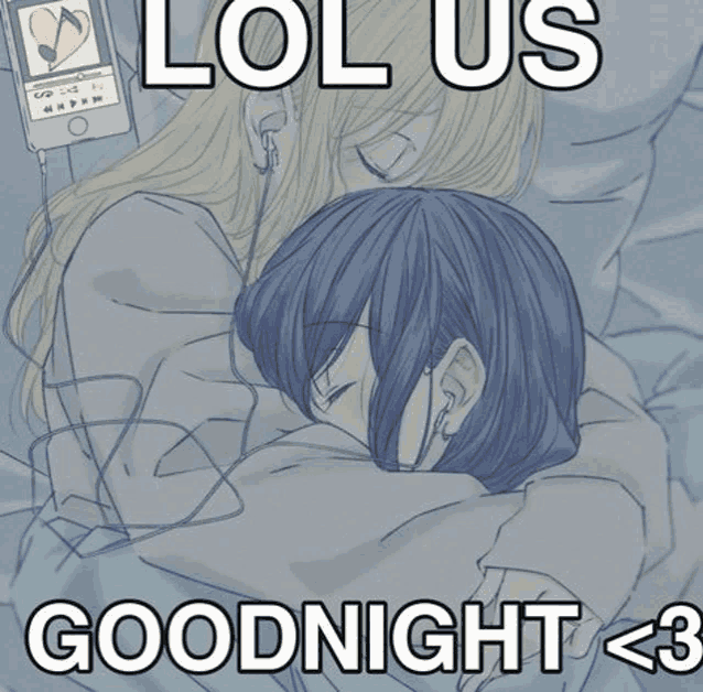 a drawing of two girls hugging with the words " lol us goodnight < 3 " on the bottom