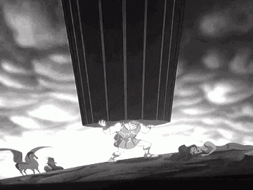a black and white photo of a cartoon character carrying a very large object