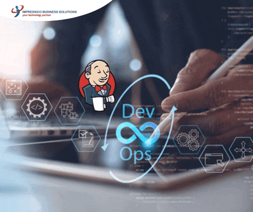 a man is using a tablet with a cartoon of a man holding a cup of coffee and the words dev ops on the screen