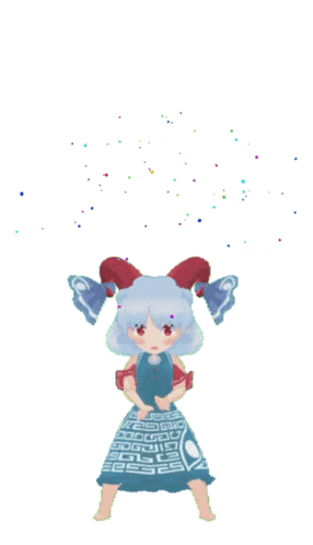a girl in a blue and white dress with the letters eeses on it