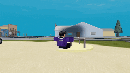 a cartoon character wearing a purple shirt with the word epsilon on it