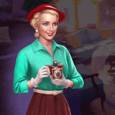 a woman in a green shirt is holding a camera