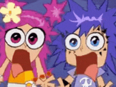 a couple of cartoon characters with big eyes are standing next to each other .