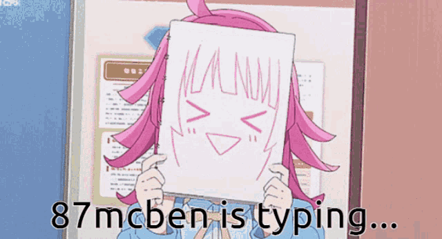 a girl with pink hair is holding a piece of paper that says 87mcben is typing on it