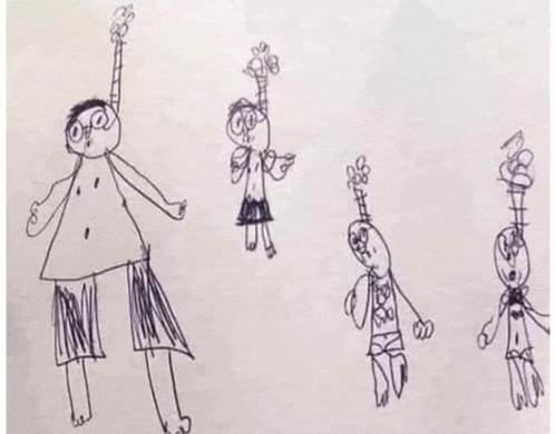 a child 's drawing of a man , a woman , a boy , and a girl .