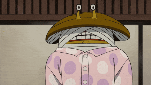 a cartoon character wearing a polka dot shirt and a mushroom hat