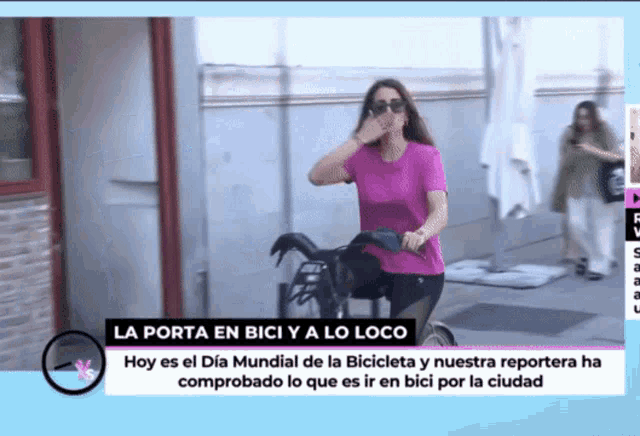 a woman riding a bike with the words la porta en bici y a lo loco below her