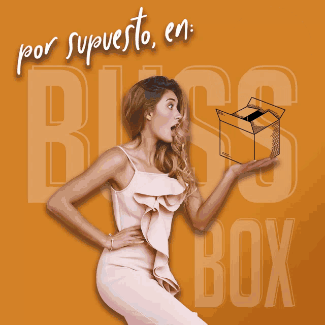 a woman in a pink dress is holding a box with the word box on it