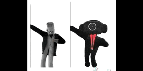 two stuffed animals with cameras on their heads are standing next to each other on a white background .