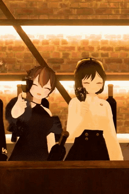 two anime girls standing next to each other holding bottles of wine