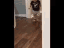 a blurry picture of a person walking down a hallway with a dog .