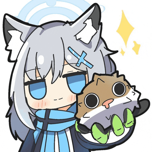a drawing of a girl with a cross on her head holding a small animal