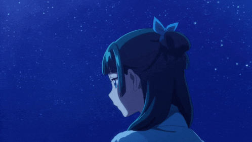 a girl with a blue bow in her hair is looking at the stars