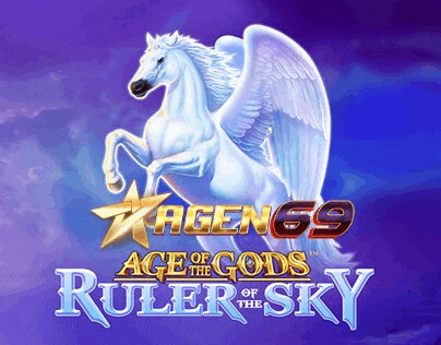 a white horse with wings is on a purple background with the words age of the gods ruler sky .