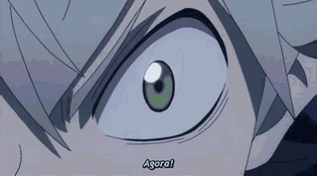 a close up of a person 's face with a green eye and the words `` agora ! ''