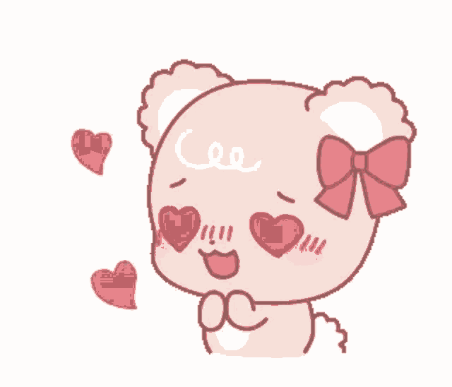 a pink teddy bear with hearts in his eyes and a pink bow .