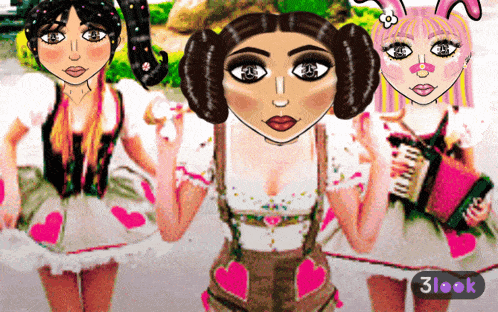 three cartoon girls are standing next to each other and the bottom right corner of the image says 3look