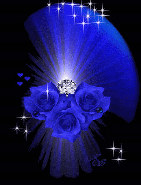 a bunch of blue roses with a diamond in the middle on a black background