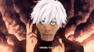 a man with white hair and blue eyes is making a funny face and says `` infinite void '' .