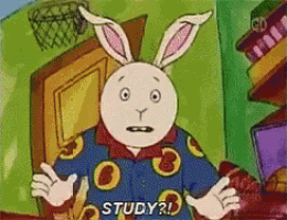 a cartoon of a rabbit with the words study on his shirt
